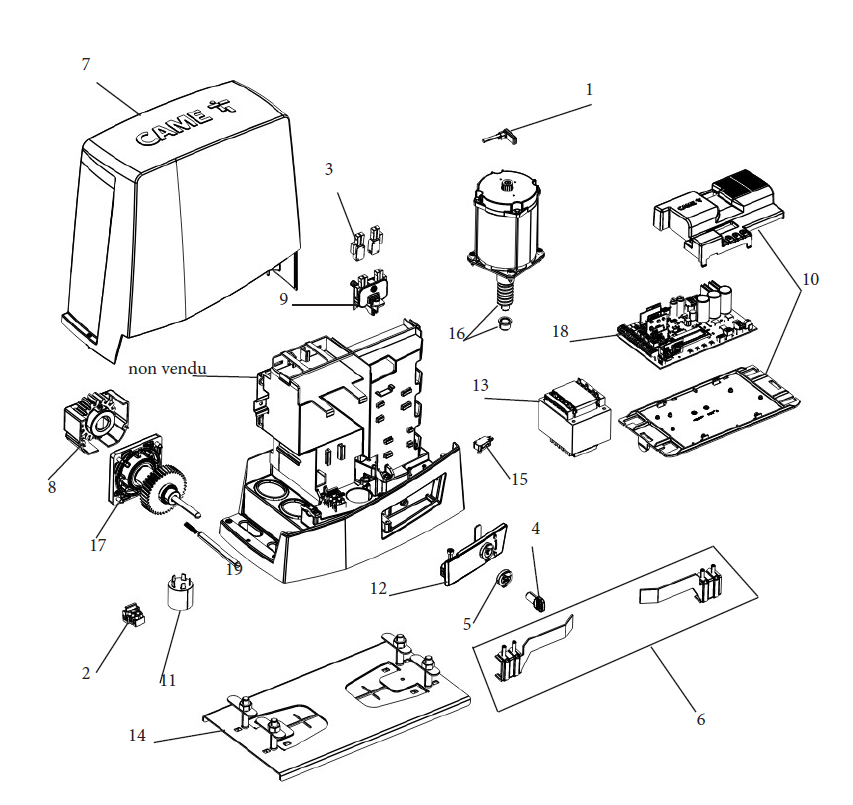 CAME BKV15AGR Automatisme hautes performances avec moteur 36 V réversible, carte électronique, afficheur graphique, Adaptive Speed & Torque Technology, 4 entrées de sécurité, gestion du mouvement et détection des obstacles pour portails max 1500 kg et 20 m de long.