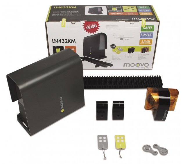 Moovo LN432KM Kit motorisation portail coulissant compatible solaire - 5 m de long et 300 kg max - 2 t�l�commandes, feu clignotant, cellules et 4m cr�maill�res inclus
